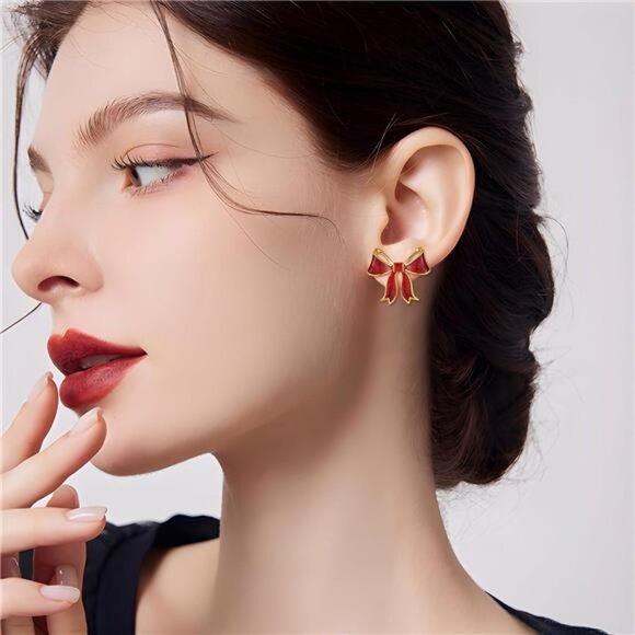 Red Bow Earrings | 18K Gold Plated Studs | Shiny Oil Drop Finish - Picture 6 of 7